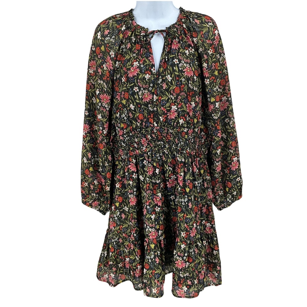 Old Navy Dress Womens L Black Dainty Floral Metallic Boho Ruffle Smocked NEW